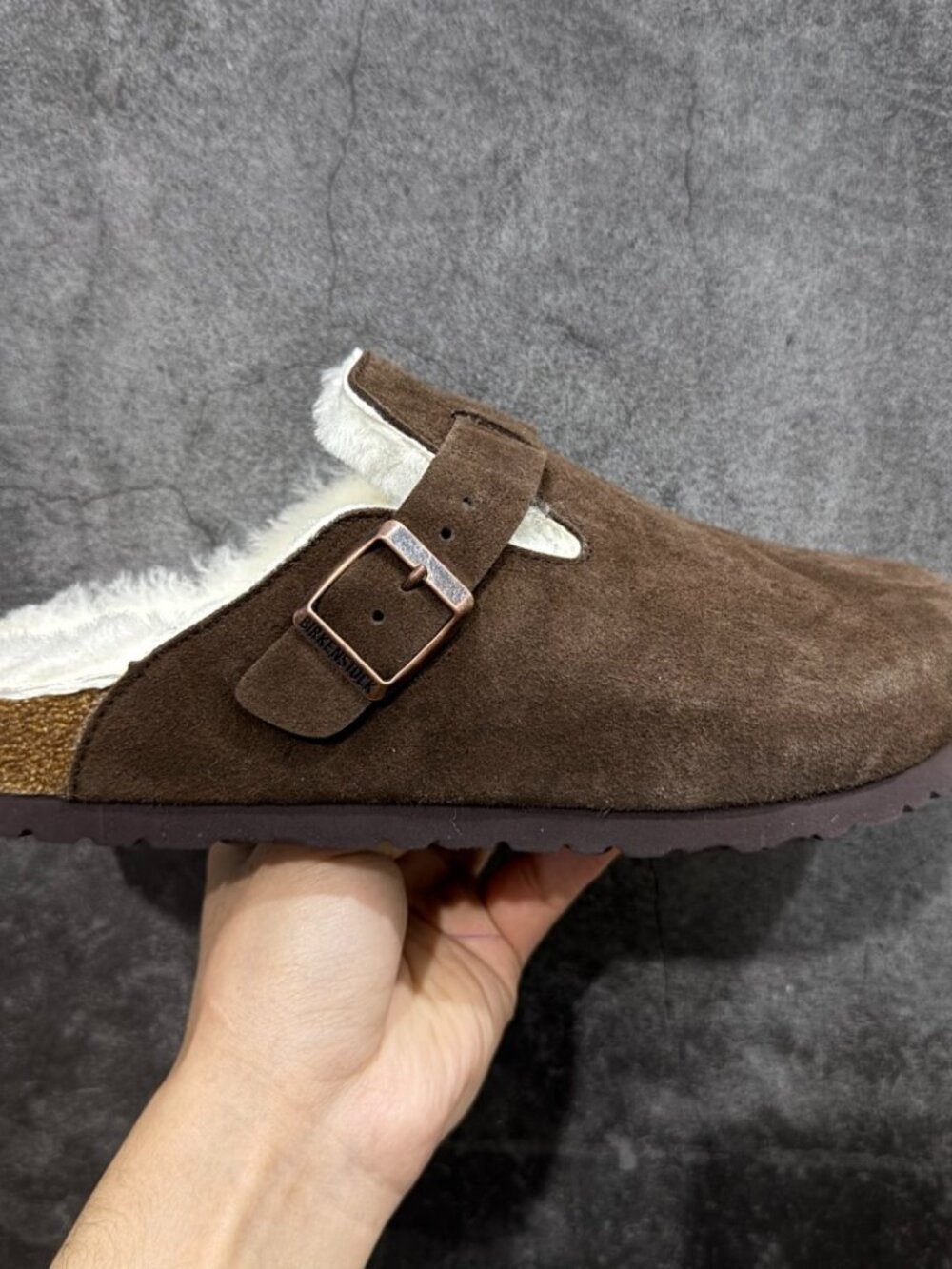 Birkenstock Boston Dark Brown Suede Fleece Lined Closed Toe Slippers